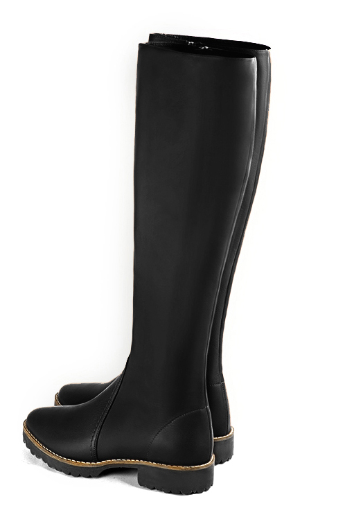 Satin black women's riding knee-high boots. Round toe. Flat rubber soles. Made to measure. Rear view - Florence KOOIJMAN